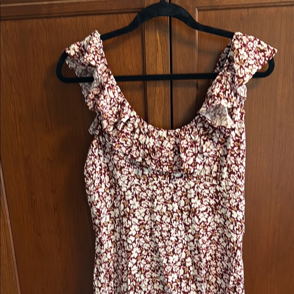 Madewell Burgundy and Cream Floral Ruffle-Strap Tank